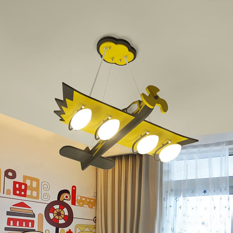 Kids Aircraft Chandelier Wood 4 Bulbs Children Game Room Hanging Lamp in Yellow with White Glass Shade