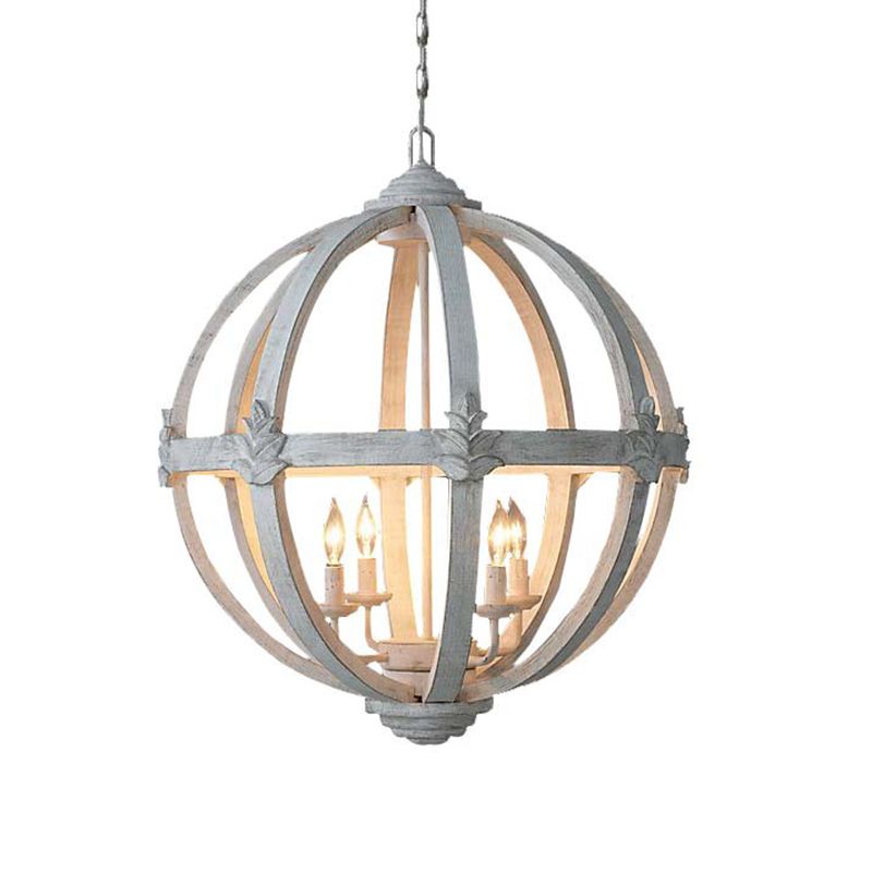 4-Bulb Hanging Lamp Kit Rustic Bedroom Candle Pendant Chandelier with Spherical Wood Shade
