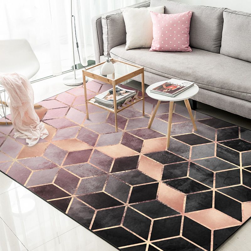 Pink Bedroom Rug Modern Geometric Hexagon Pattern Area Rug Polyester Stain-Resistant Washable Carpet