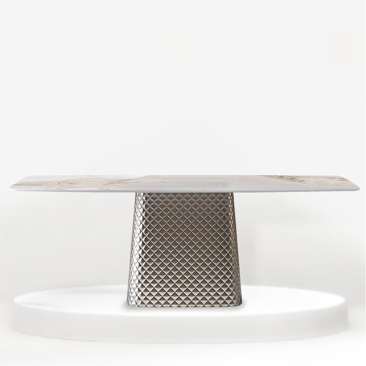 Modern White Rectangular Stone Top Dining Table with Silver Pedestal