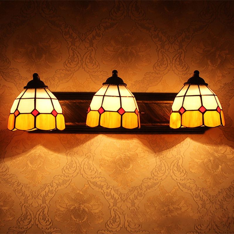 Grid Patterned Wall Mount Light Tiffany Orange and White Glass 3 Heads Bronze Sconce Light