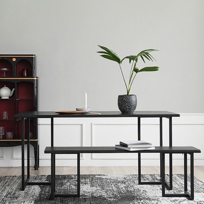 Rectangle Industrial Dining Table Black Fixed Table with Pinewood Solid Wood