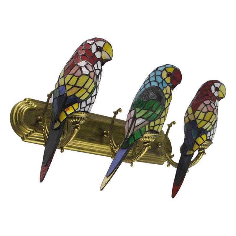 3 Lights Parrot Shaped Wall Lighting Rustic Lodge Stained Glass Sconce Light for Living Room