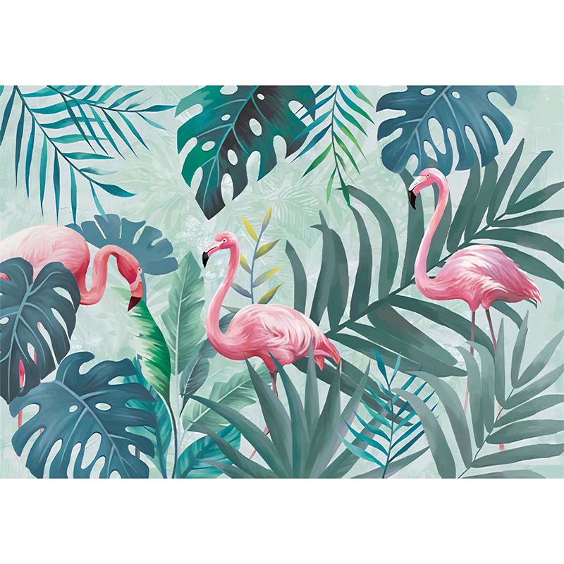 Green Flamingo and Jungle Mural Wallpaper Stain-Resistant Wall Covering for Gallery and Coffee Shop