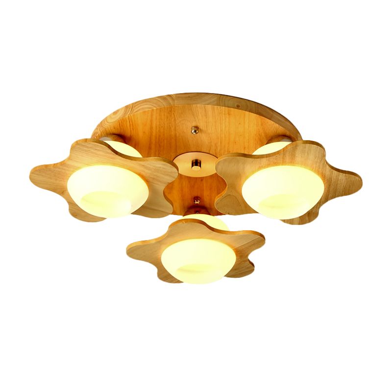 Wood Floral Semi Mount Modern 3/5 Lights Beige Flushmount Lighting with Sphere Milk Glass Shade
