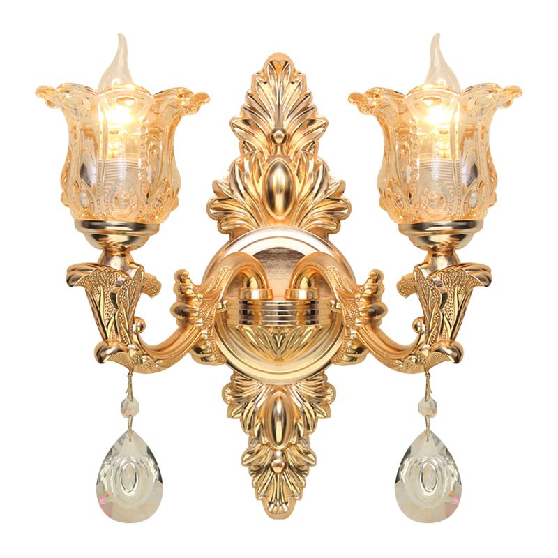Bellflower Amber Glass Wall Lamp Kit Antique 2 Lights Living Room Sconce Light Fixture in Gold