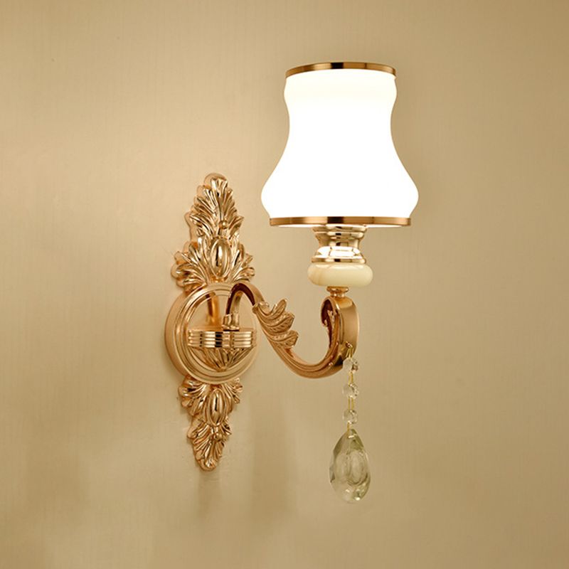 Gold Floral Wall Light Fixture Vintage Glass Living Room Wall Mounted Lamp with Crystal Accent