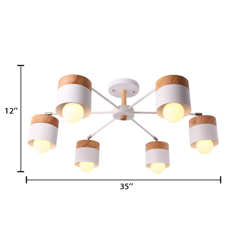 White Finish 6 Bulbs Ceiling Mount Chandelier Nordic Wood and Metal Cylinder Semi Flush Pendant Light