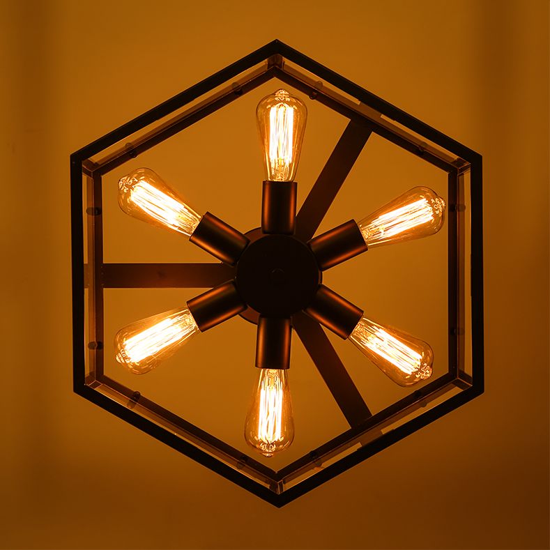 Hexagonal Glass Chandelier Light Fixture Industrial 6 Bulbs Suspension Light in Black