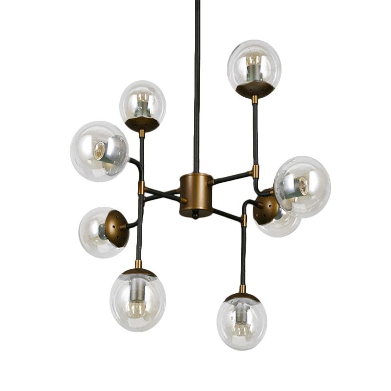 Black/Chrome/Clear Glass Globe Hanging Chandelier Industrial 8/9-Light Living Room Pendant Light
