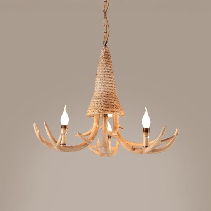 Beige Elk Shaped Chandelier Lamp Traditional Metal and Rope 3/5 Lights Living Room Hanging Light