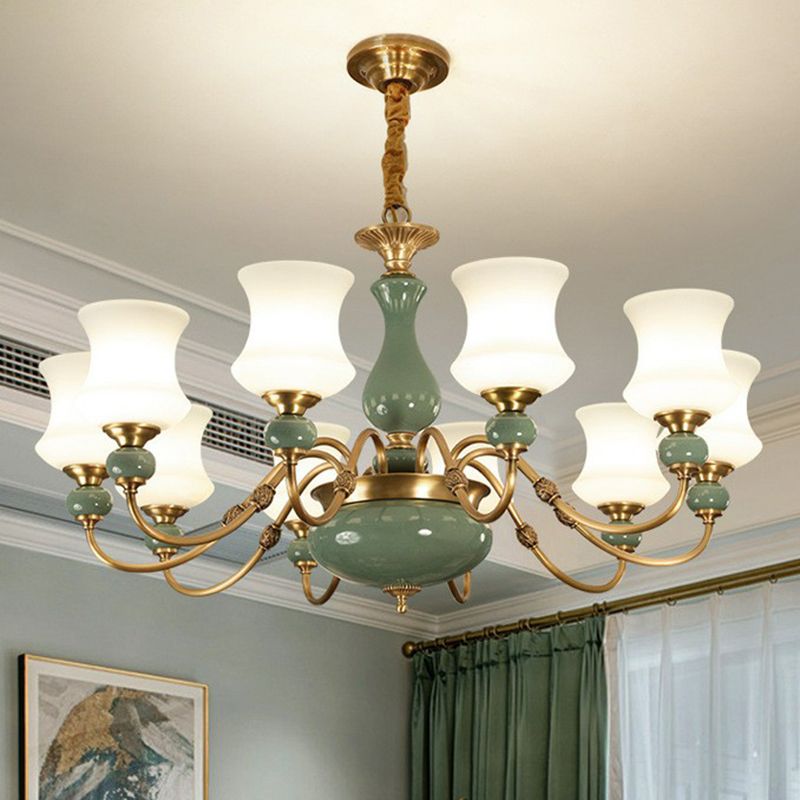 Retro vaas omhoog kroonluchter opaal matglas hangend licht in smaragdgroen-goud voor eetkamer