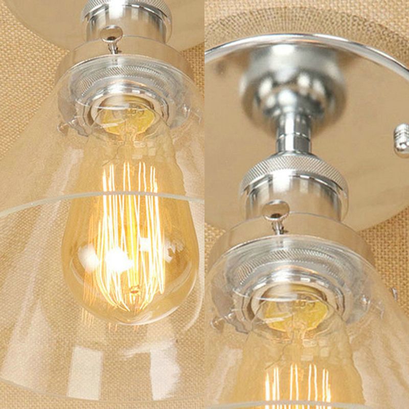 Single Bulb Semi-Flush Mount Industrial Conical Clear Glass Ceiling Light in Black / Brass / Copper