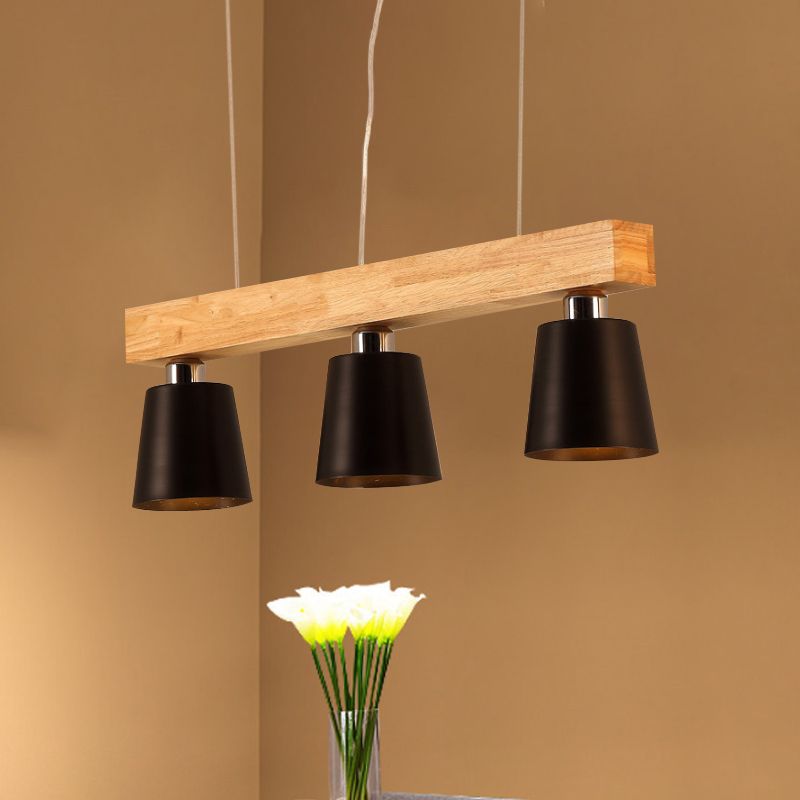 Tapered Indoor Hanging Ceiling Light Modern Metal 3 Heads Black/White Island Lighting with Wooden Beam