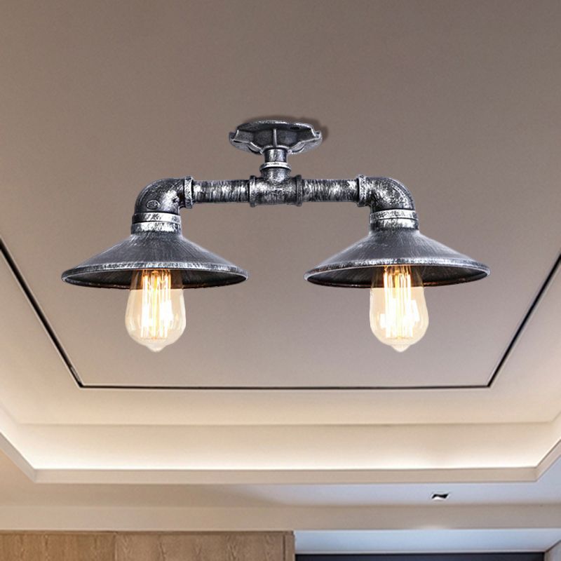 Platillo de hierro forjado, lámpara semiempotrada, estilo industrial, 2 luces, lámpara de montaje en techo para sala de estar, en bronce/plata envejecida