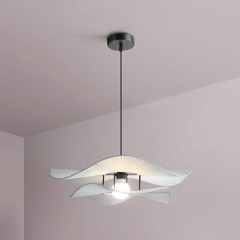 White Ruffled Suspension Lamp Minimalism 1 Bulb Fabric Pendant Light Fixture for Bedroom