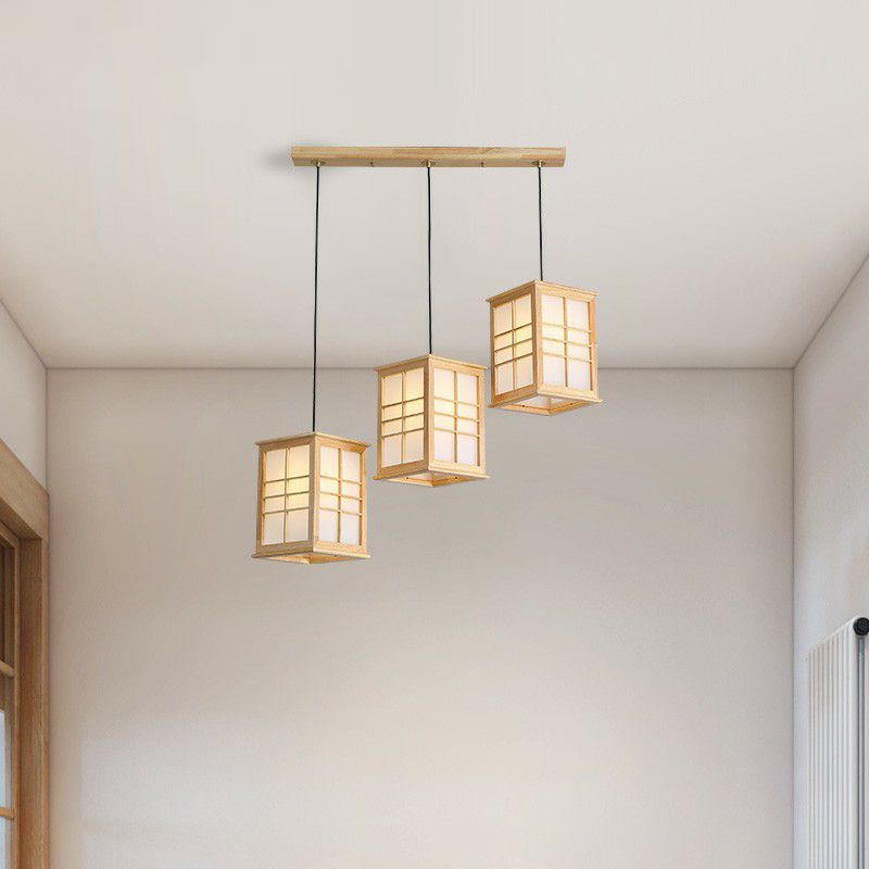 Japonais 3 lumières pendentif beige rectangulaire lampe suspendue avec une teinte en bois pour salle à manger