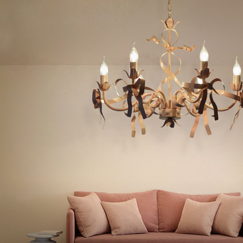 Multi Lights Pink Metal Suspension Pendant Light Curved Arm Modern Style Hanging Lamps