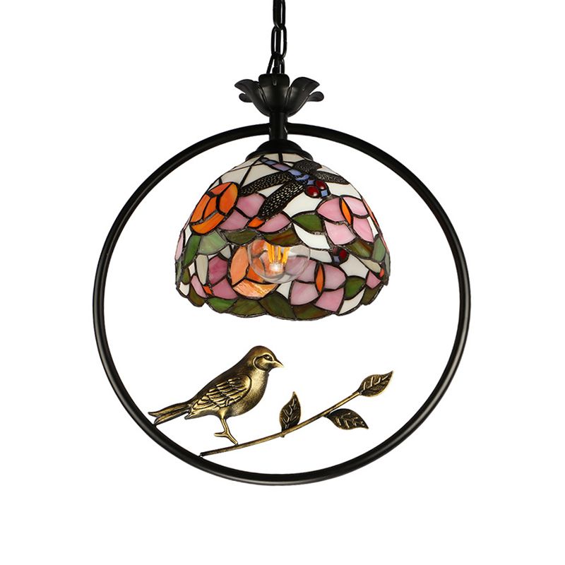 Dome Hanging Lamp Kit 1 Light Cut Glass Tiffany Ceiling Suspension Lamp in Pink/Yellow for Dining Room with Bird Deco