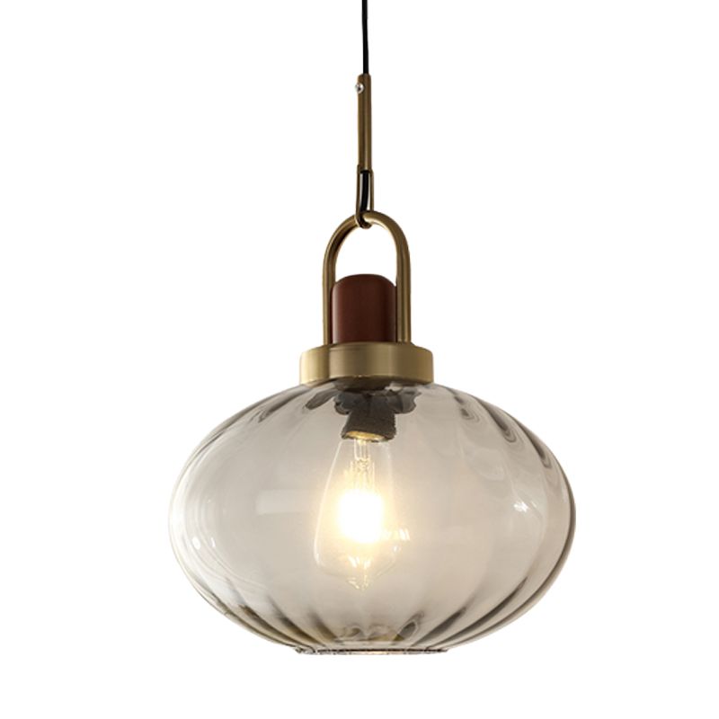 1 Light Bedroom Pendant Simple Brown and Gold Hanging Lamp with Oval Smoke Gray Water Glass Shade