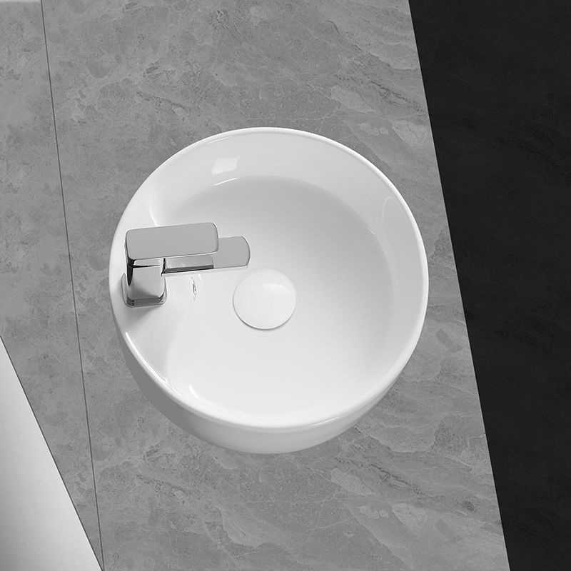 Modern Vessel Bathroom Sink Round Porcelain with Overflow Vessel Lavatory Sink