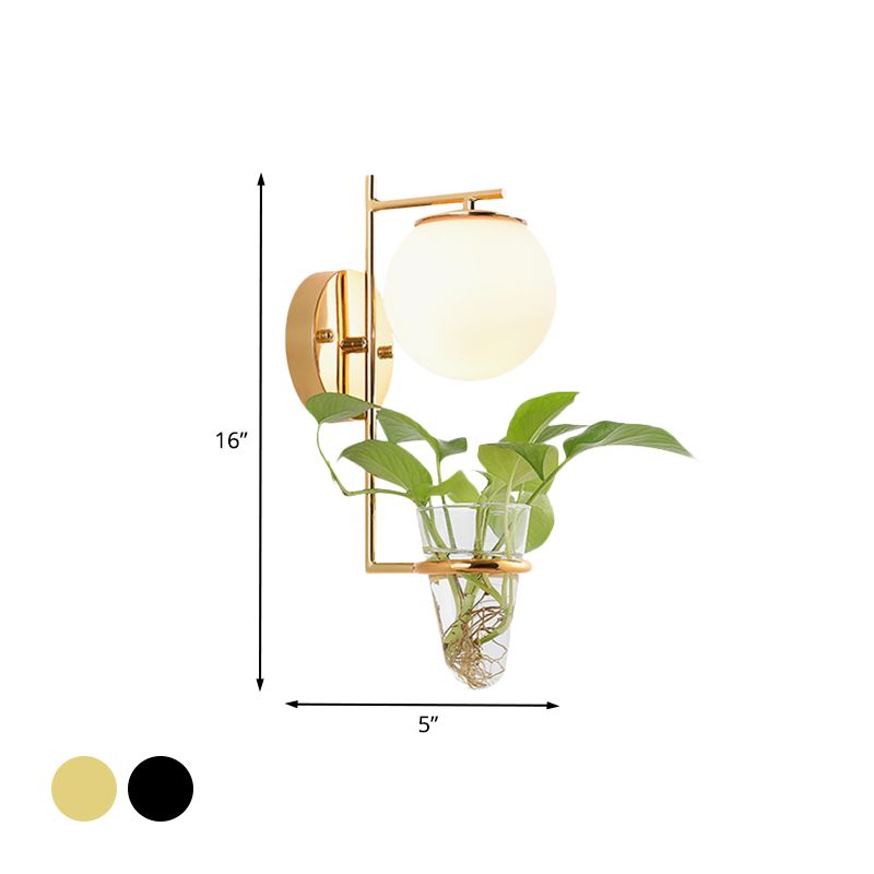 Gold/Black Globe Sconce Light Antique Cream/Smoke Gray Glass 1-Head Bedroom Wall Lamp with Clear Glass Plant Cup