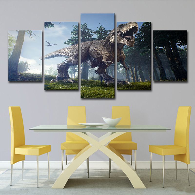 Sci-Fi Jurassic Dinosaur Wall Art House Interior Canvas Print in Blue-Green