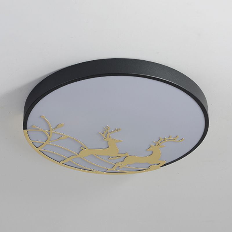 Elk Dance Patterned Round Flush Light Nordic Acrylic White/Black LED Ceiling Mount Lamp for Bedroom