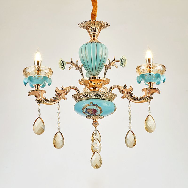 3/6 Bulbs Candelabrum Chandelier Moroccan Gold-Blue Ceramic Hanging Lamp with K9 Crystal Drop