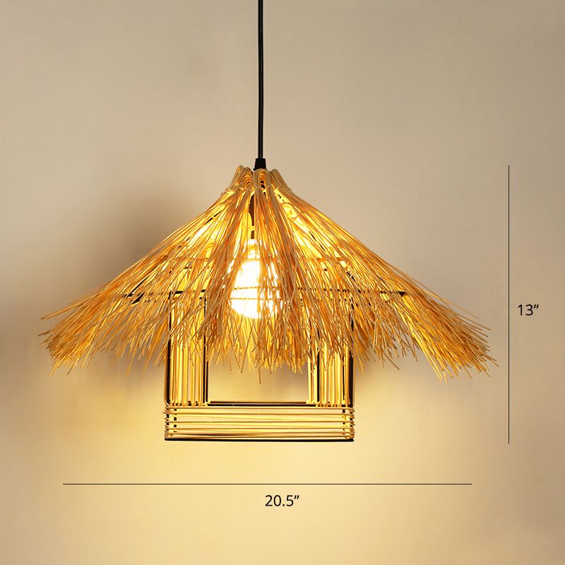 Asian House Shaped Pendant Lamp Bamboo Single-Bulb Restaurant Hanging Light Fixture