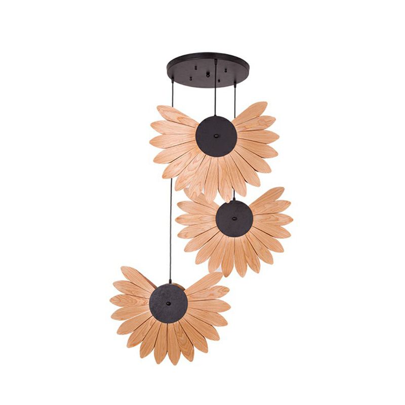 Botanic Wood Veneer Pendant Lamp South-East Asia 3-Light Beige Multi Ceiling Light