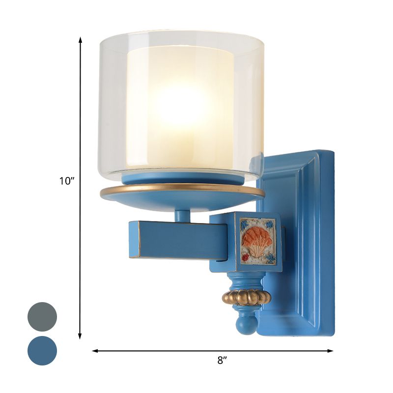 Kinder 2 Schattierbecher Wandlampen -Kit klar und gefrostetes Glas 1 Kopf Kinderzimmerleuchten mit Himmel/Wasserblau Arm