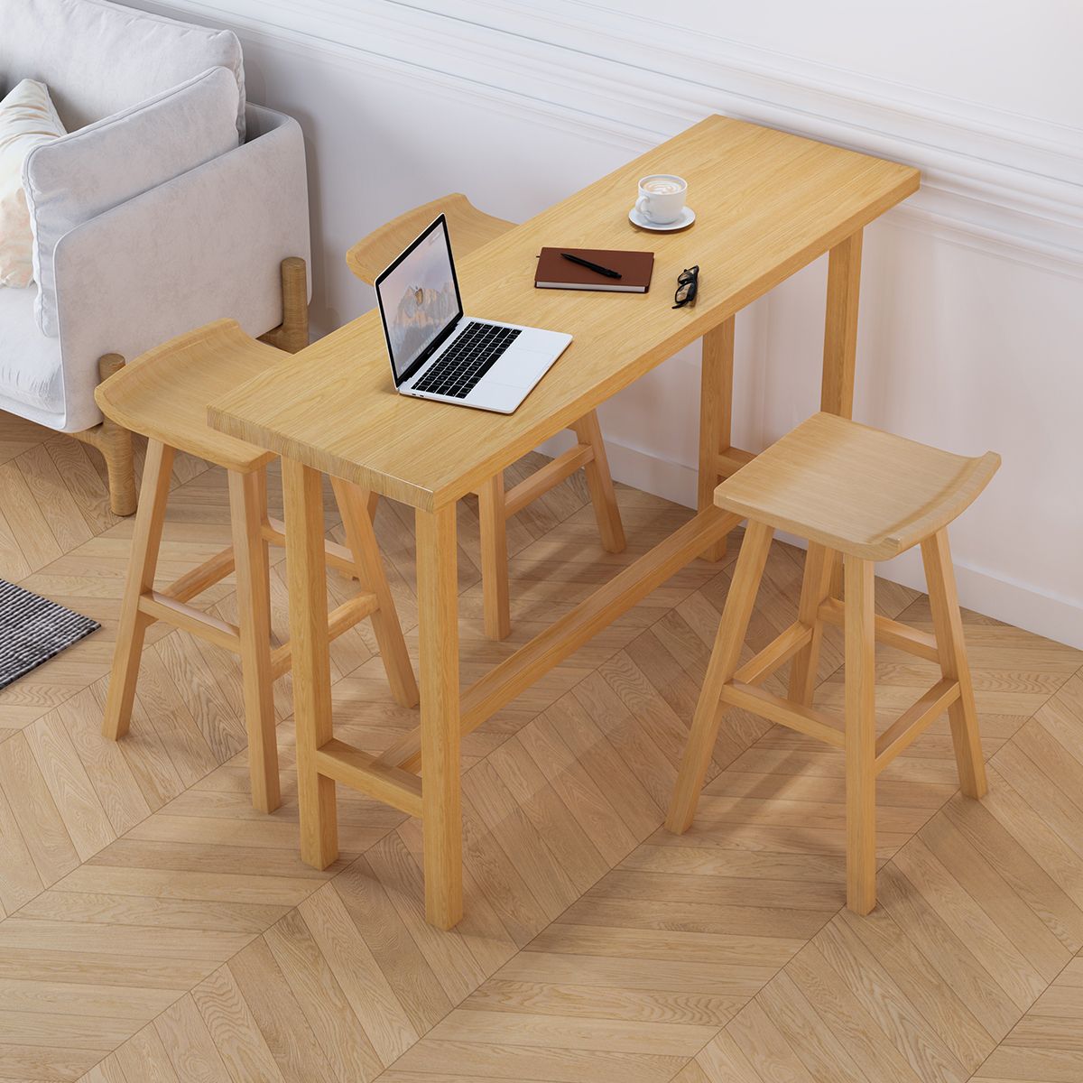 Natural Bar Table Set 1/4 Pieces Rectangle Solid Wood Counter Table Set