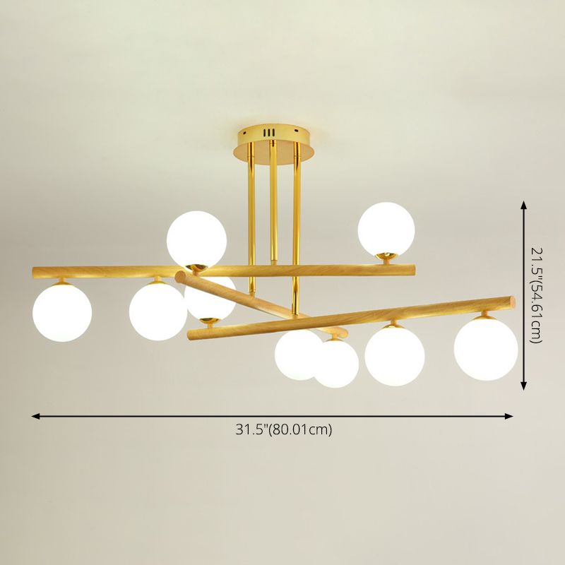 White Glass Bubble Chandelier Modern Gold and Wood Grain Hanging Light for Living Room