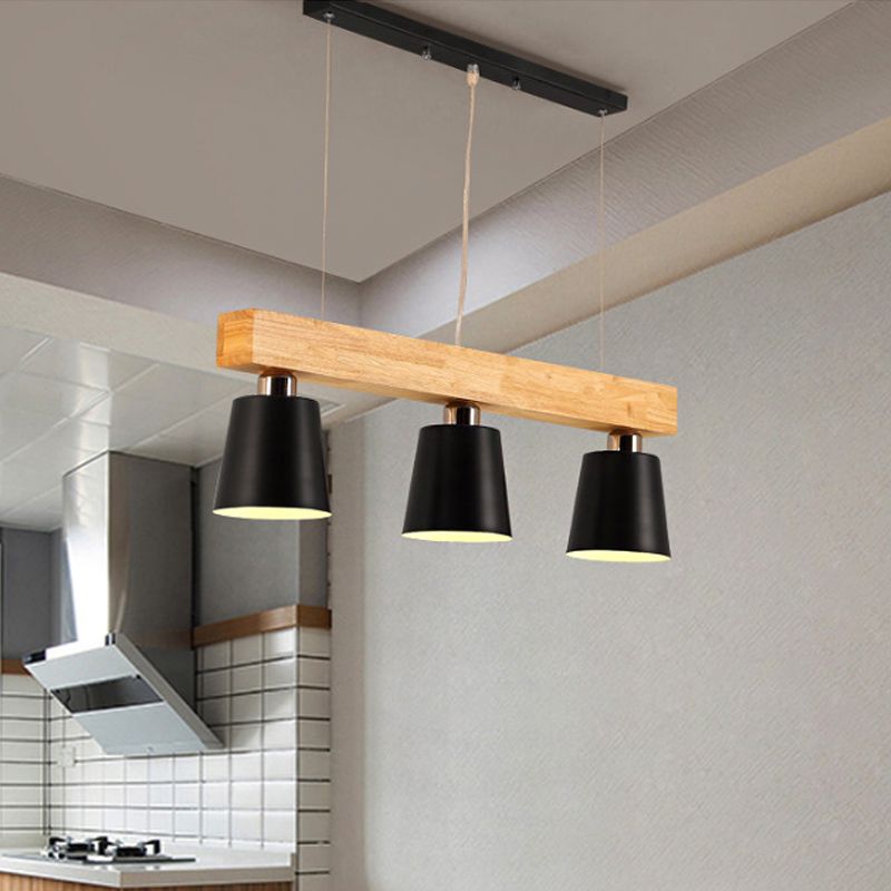 Tapered Indoor Hanging Ceiling Light Modern Metal 3 Heads Black/White Island Lighting with Wooden Beam