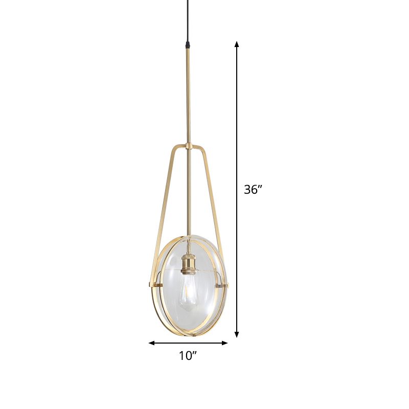 Brass Oval Pendant Light Contemporary 1-Light Clear Glass Ceiling Lamp with Forked Halberd Frame