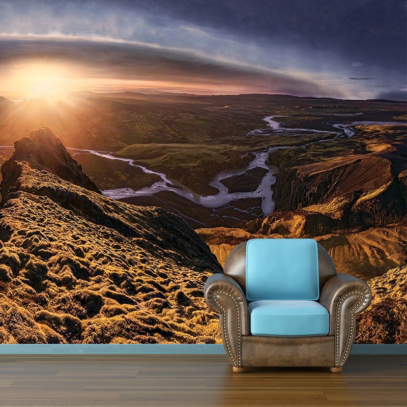 Huge Landscape Wall Mural Decal Above Bed Sunset Mountain with Meandering River Wall Decor in Brown, Washable