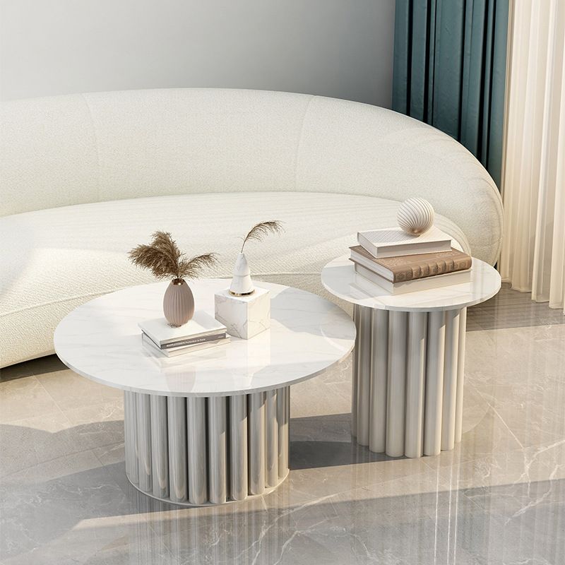 Modern Stone Pedestal Cocktail Table Round Coffee Table - White/Grey