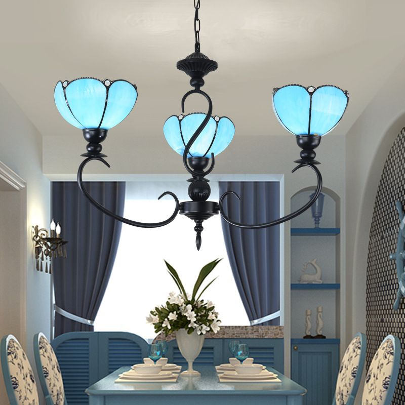 Scalloped Chandelier 3/5/6/8 Lights Blue/Blue and Clear Glass Baroque Pendant Lamp for Dining Room