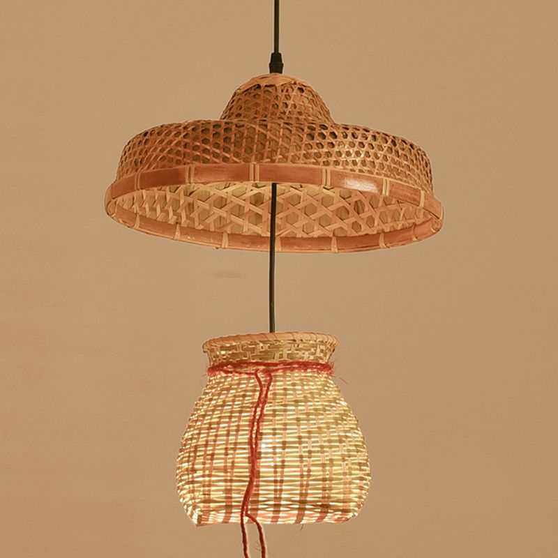 Wood Straw Hat Suspension Light Simplicity 1-Light Bamboo Pendant Lighting Fixture