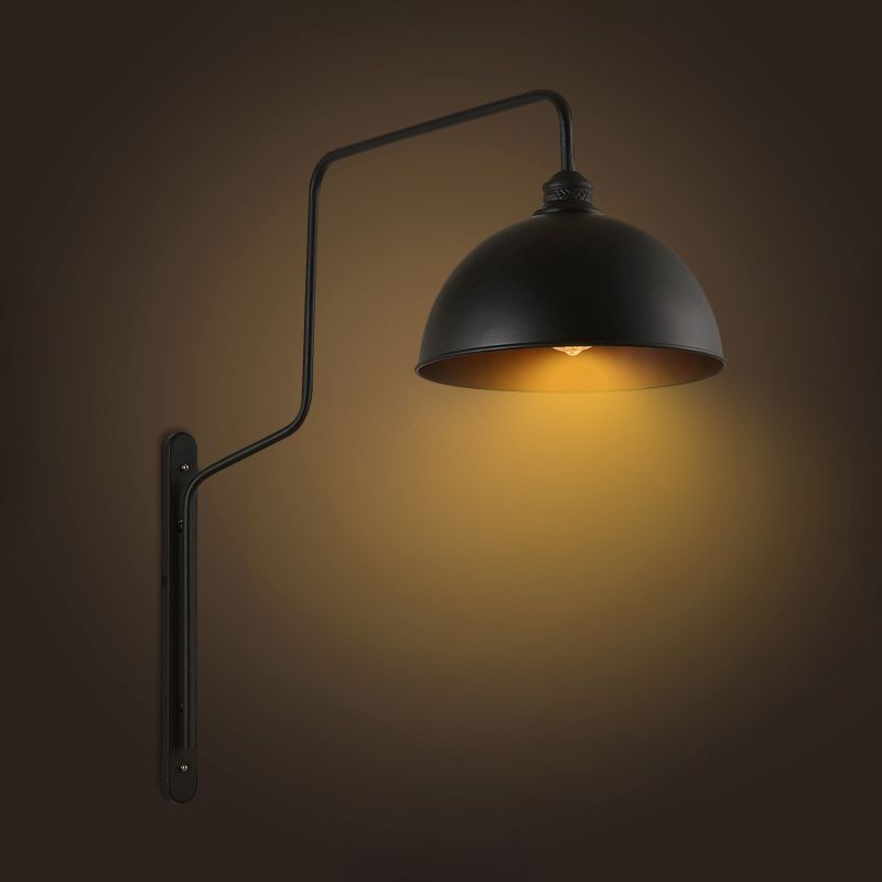 Luz de pared en forma de tazón de 1 cabeza de pared vintage Black Finish Metal Lighting con brazo curvo para restaurante