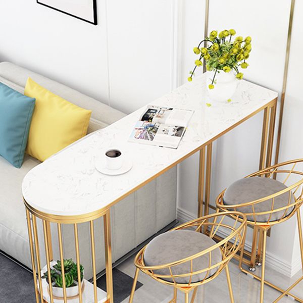 Glossy White Marble Top Bar Table with Storage Glam Specialty Pub Table for Home