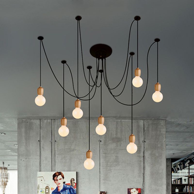 Black Swag Hanging Lamp with Exposed Bulb Industrial Wood 8/12 Lights Dining Room Pendant Lamp