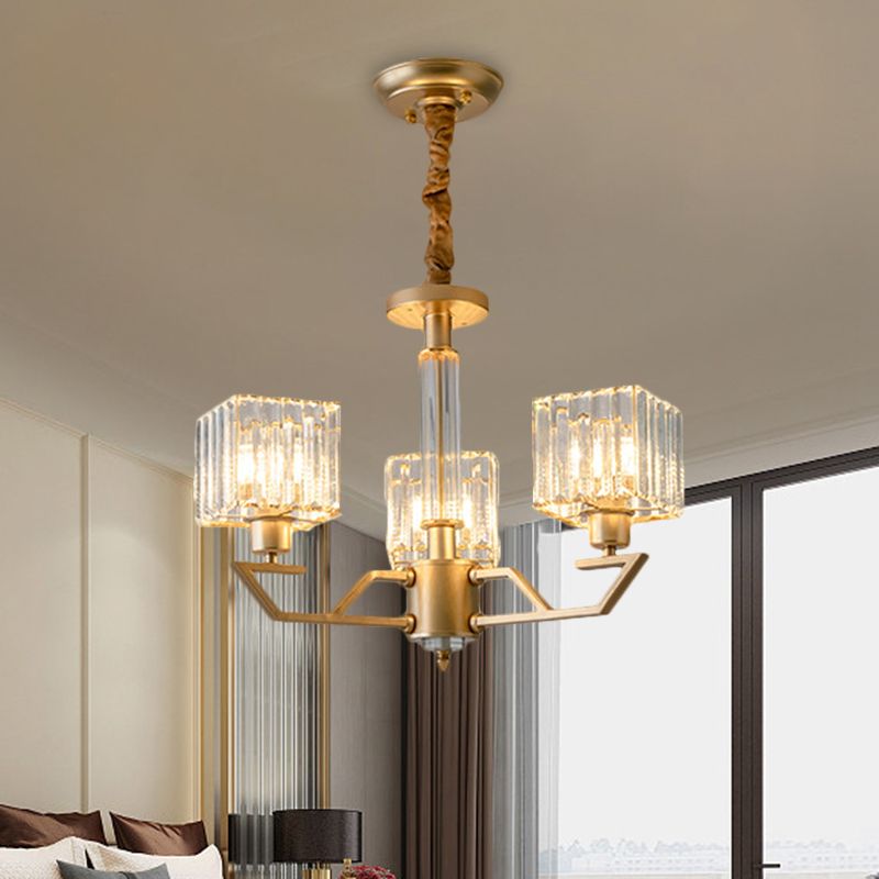 Clear Crystal Prisms Cubic Chandelier Minimalism 3/6-Light Gold Suspended Lighting Fixture