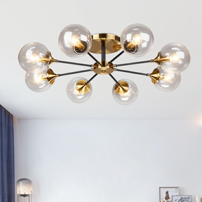 Black and Brass Radial Flush Mount Lighting Postmodern Metal Semi Flush Ceiling Light with Ball Glass Shade