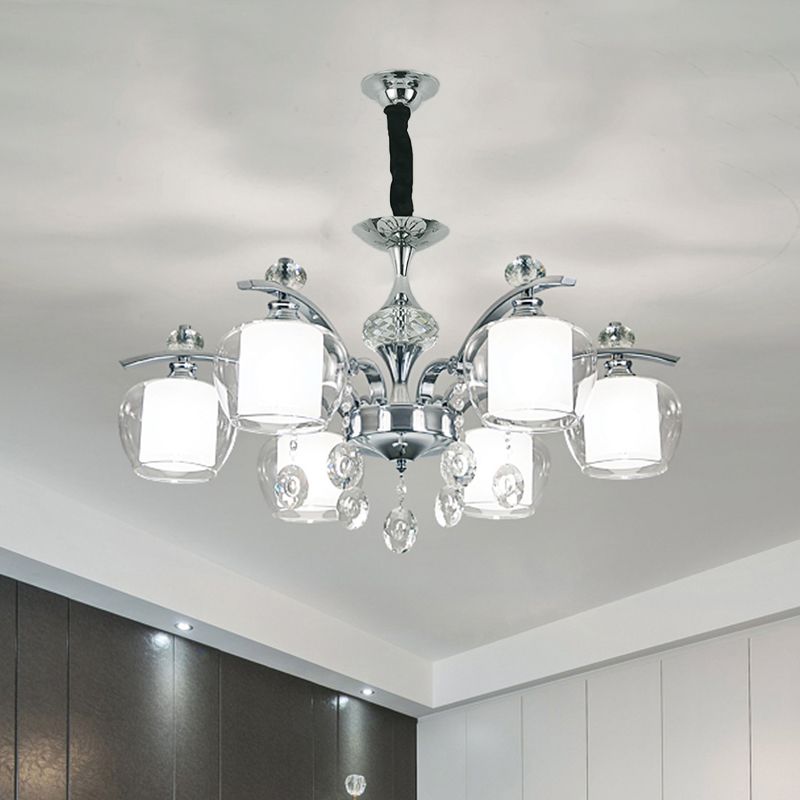 Chrome Sputnik Hanging Chandelier Modern Clear Glass 6-Light Bedroom Pendant with Crystal Drop