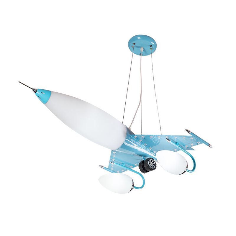 Cartoon Plane Hanging Chandelier Metallic LED Kids Bedroom Pendulum Light in Blue with Opal Glass Shade