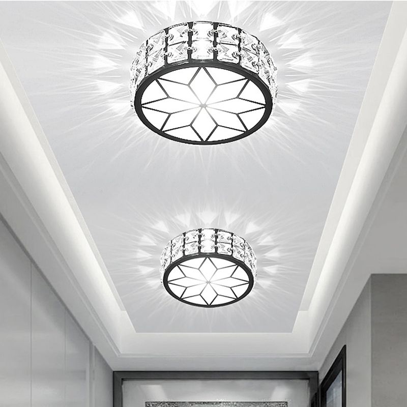 Beveled Crystal Drum Flush Mount Lighting Minimalist Black LED Flush Mount in White Light