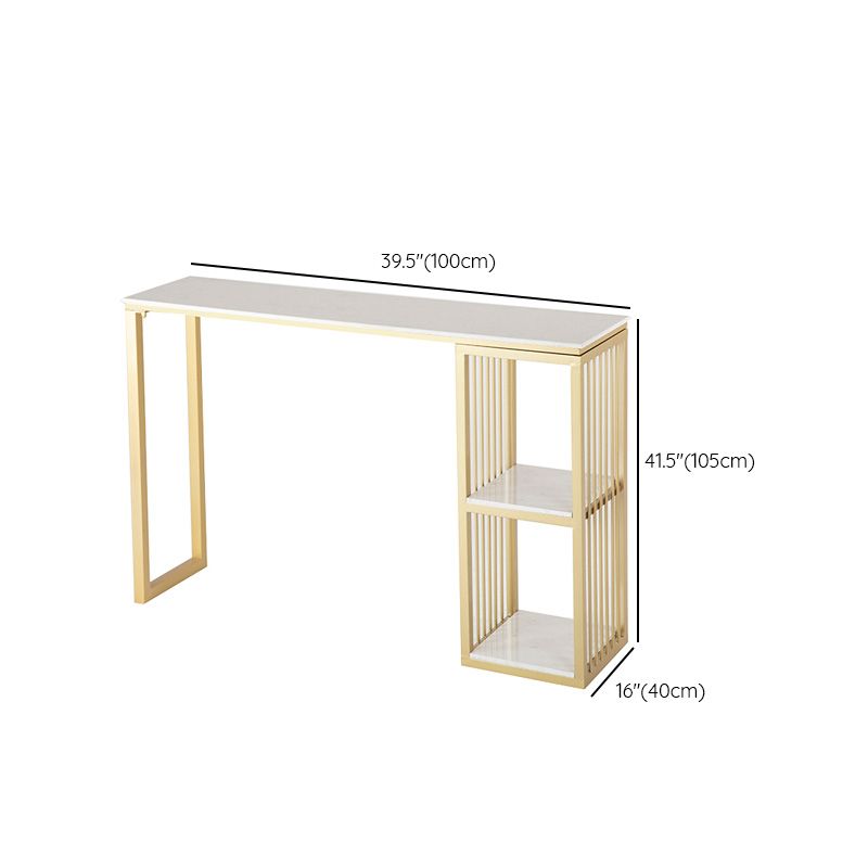 White Rectangle Faux Marble Top Bar Table Industrial Double Pedestal with Shelves