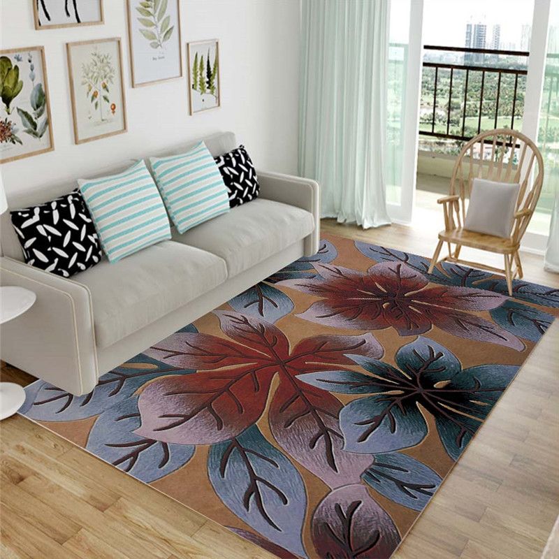 Modern Living Room Carpet Plant Pattern Polyester Area Rug Non-Slip Backing Rug